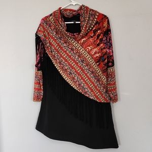 Caleaas Sz L Dress Black Red Fringe floral shawl Elegant party slinky dress.